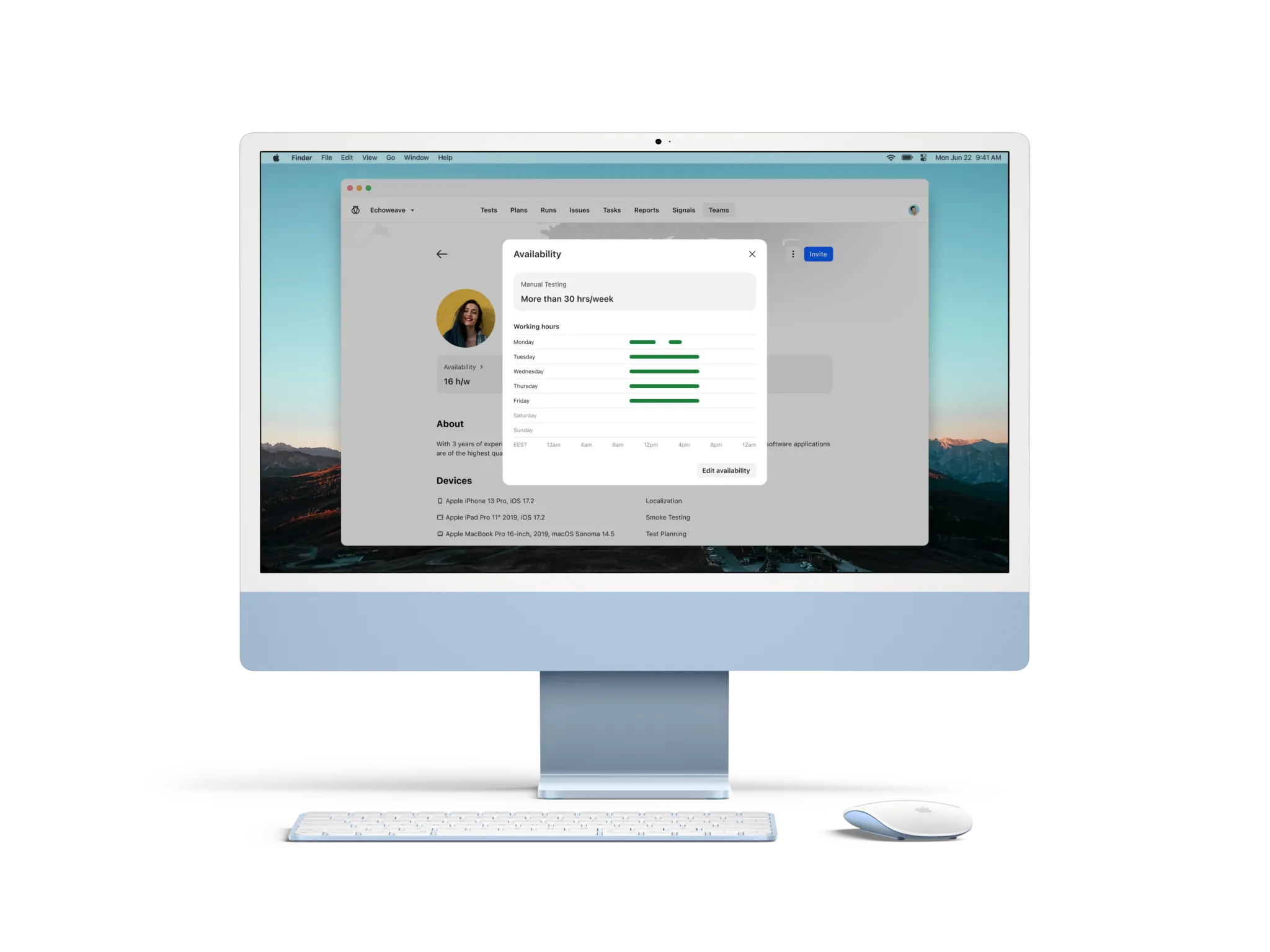 Blue iMac desktop showing a user profile with availability schedule and working hours from Monday to Friday, accompanied by a wireless keyboard and mouse.