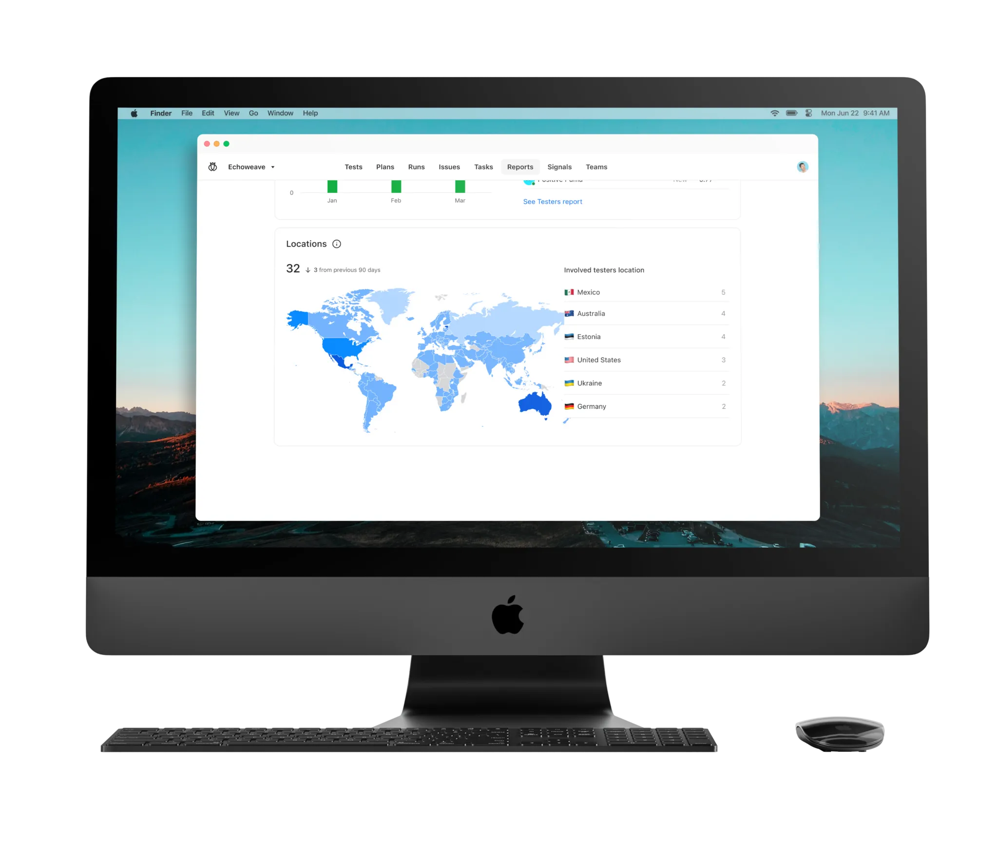 iMac screen showing a world map with locations highlighted in blue and a list of involved testers by country, including Mexico, Australia, Estonia, the United States, Ukraine, and Germany.