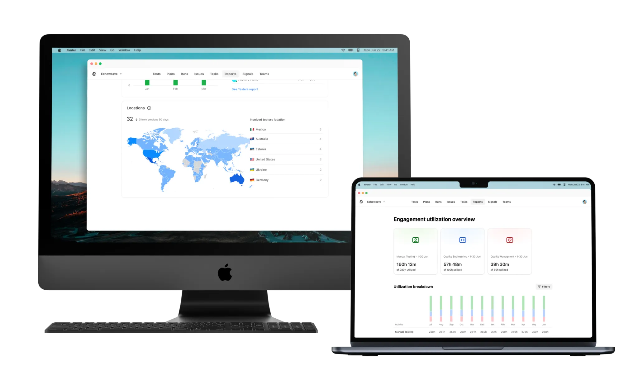 Two devices showing dashboards; an iMac displays a world map with involved tester locations by country, and a MacBook shows an engagement utilization overview with time metrics and a utilization breakdown chart.