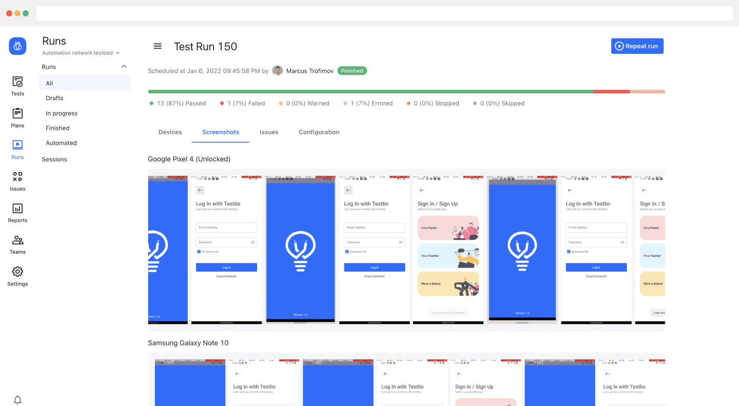 Dashboard of Testlio automation network showing Test Run 150 status with pass/fail rates and login screen screenshots from Google Pixel 4 and Samsung Galaxy Note 10.