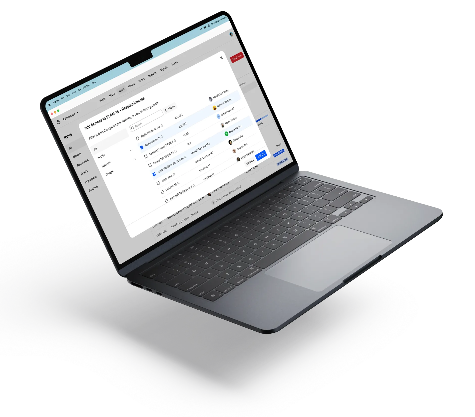 Open laptop displaying a software interface for adding devices to a plan, with a list of mobile device options and user names.
