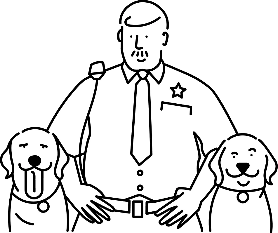 Illustration of a police officer standing with two police dogs on either side.
