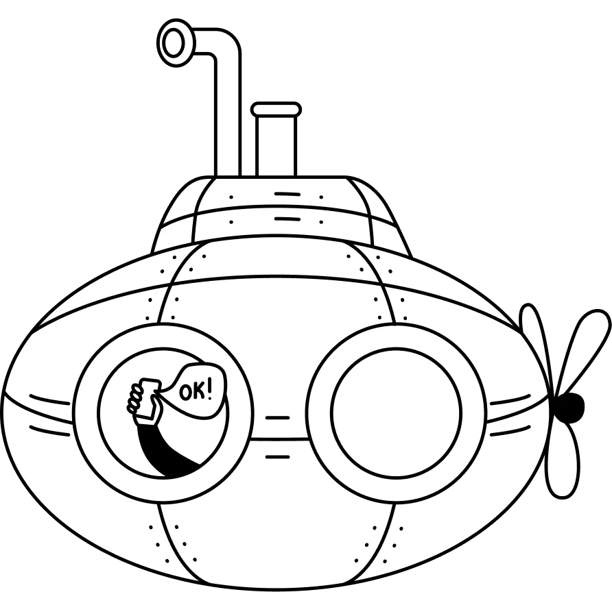 Cartoon submarine with two portholes, one showing a hand giving thumbs up with a speech bubble saying OK.
