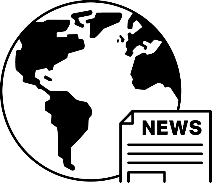 A black and white illustration of a globe and a newspaper