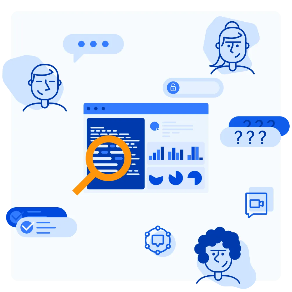 Illustration of three people around a screen showing charts and lines of code with communication icons like speech bubbles, check marks, a lock, and video call symbols.