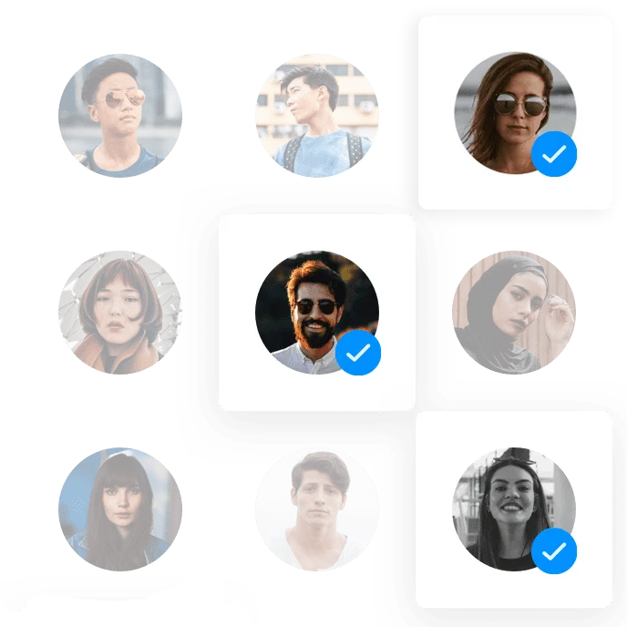 Grid of diverse individual profile photos, with three highlighted by blue check marks inside white squares.