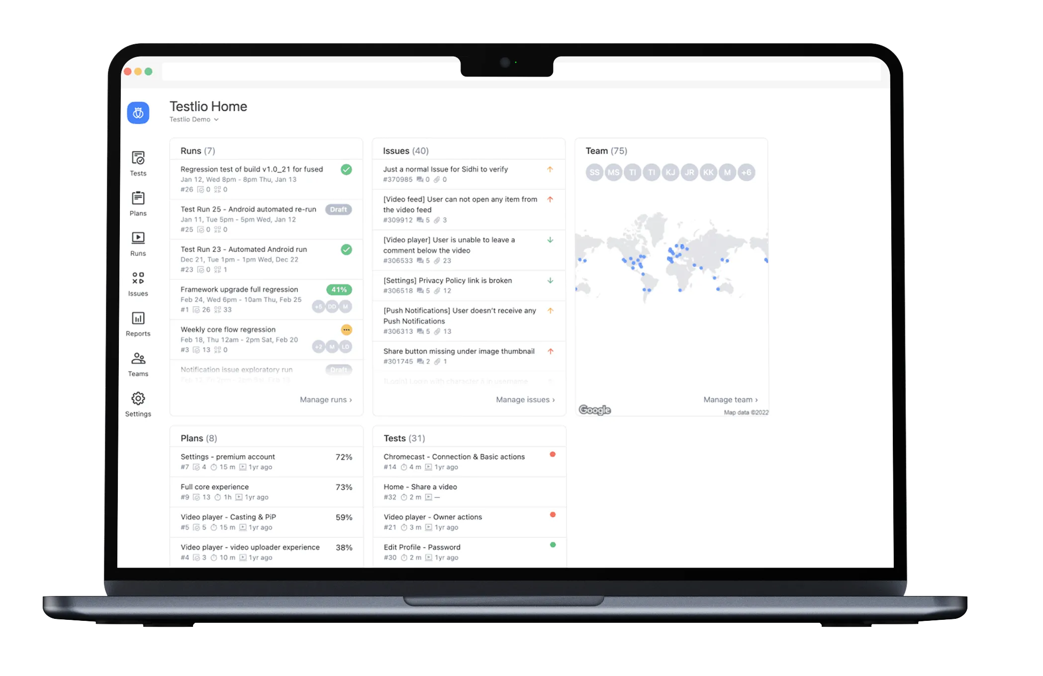 Laptop screen showing Testlio Home dashboard with sections for test runs, issues, team locations on a map, plans, and tests.