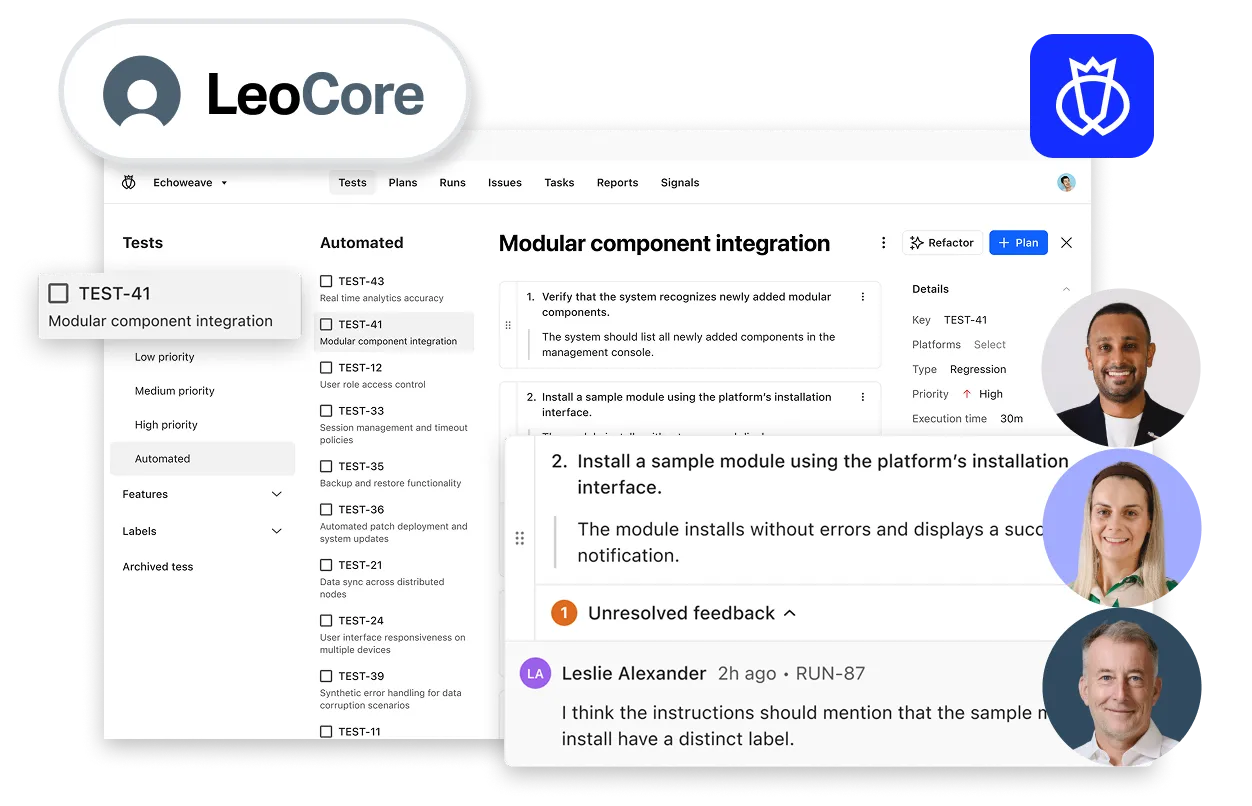 User interface of a software testing platform showing a 'Modular component integration' test with tasks, feedback, and execution details.