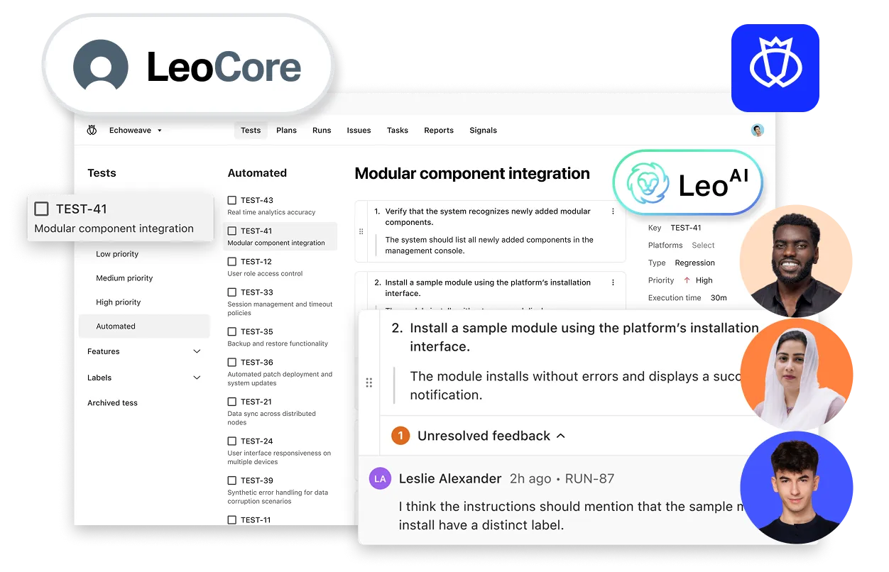 User interface of a software testing platform showing a 'Modular component integration' test with tasks, feedback, and execution details.