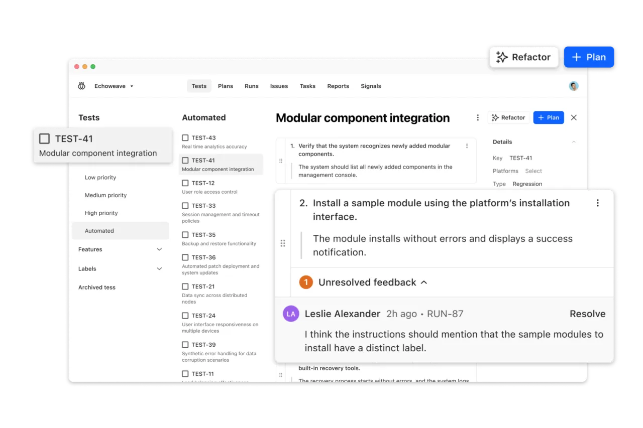 Software testing platform interface showing test cases list with selected test 'Modular component integration,' test details, and unresolved feedback comment from Leslie Alexander.