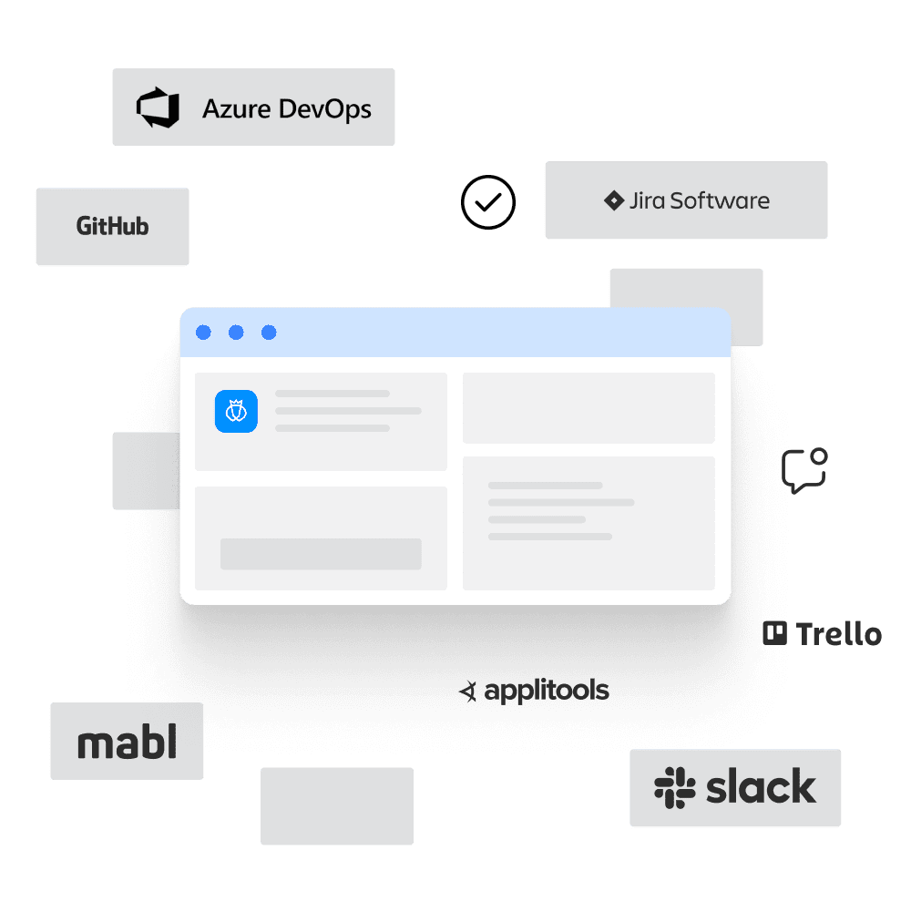 User interface window surrounded by integration logos including Azure DevOps, GitHub, Jira Software, mabl, and Slack.
