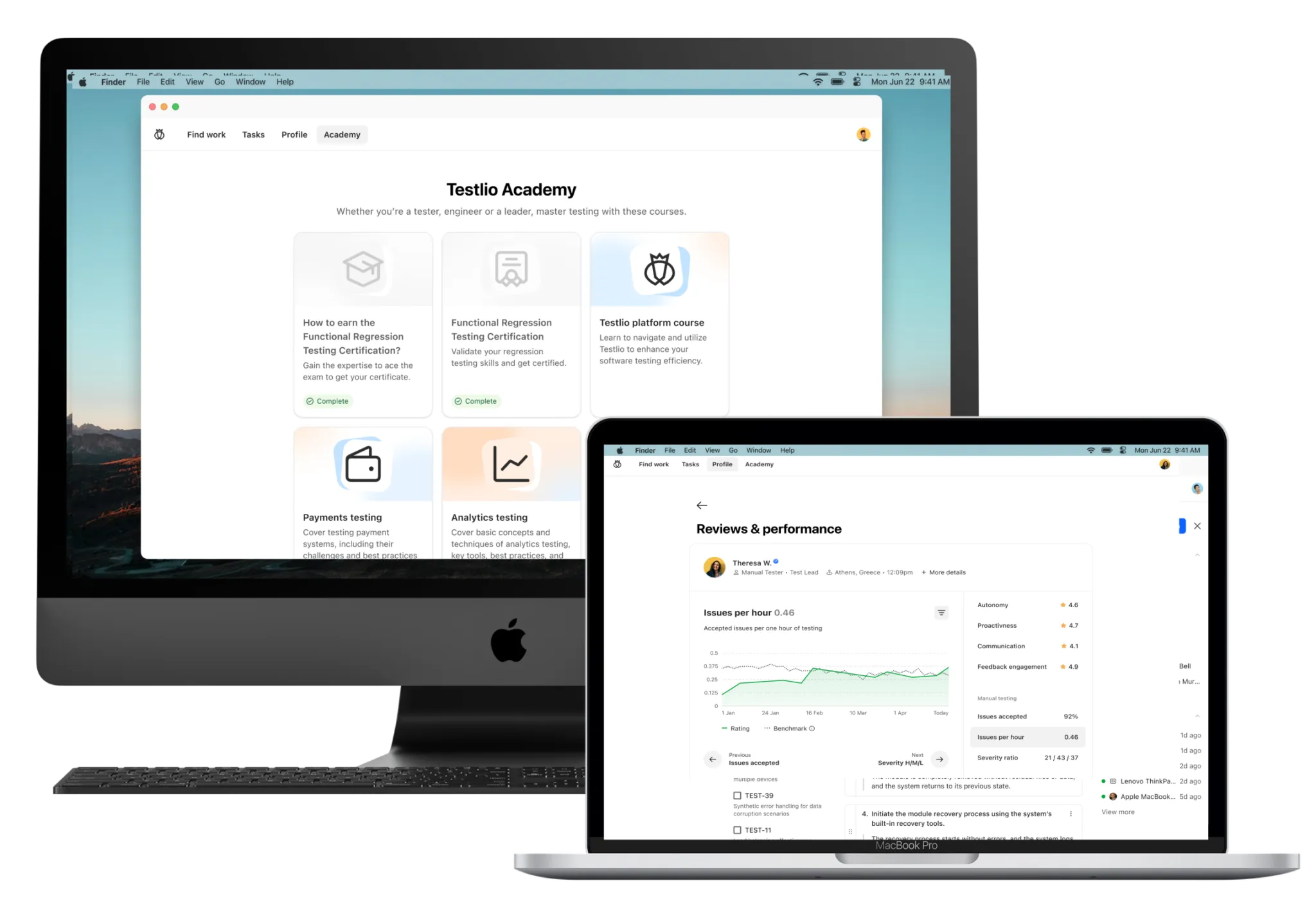 Apple iMac and MacBook Pro displaying Testlio Academy course options and reviews with performance metrics for software testing.