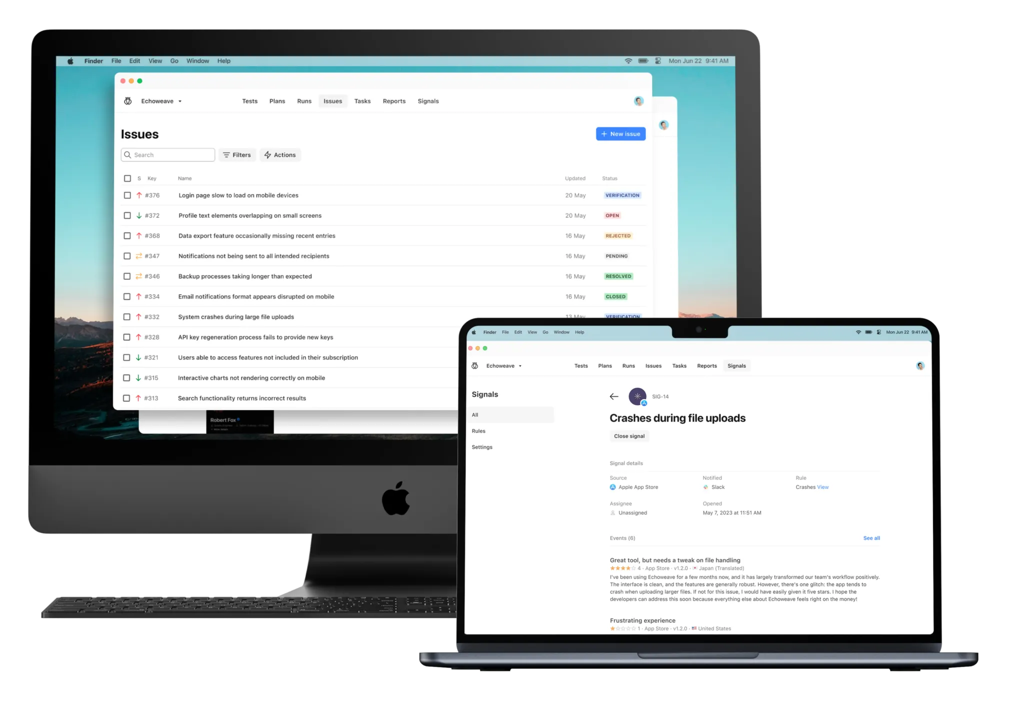 Two Apple devices showing a software testing management dashboard with issues list on iMac and detailed crash report on MacBook.