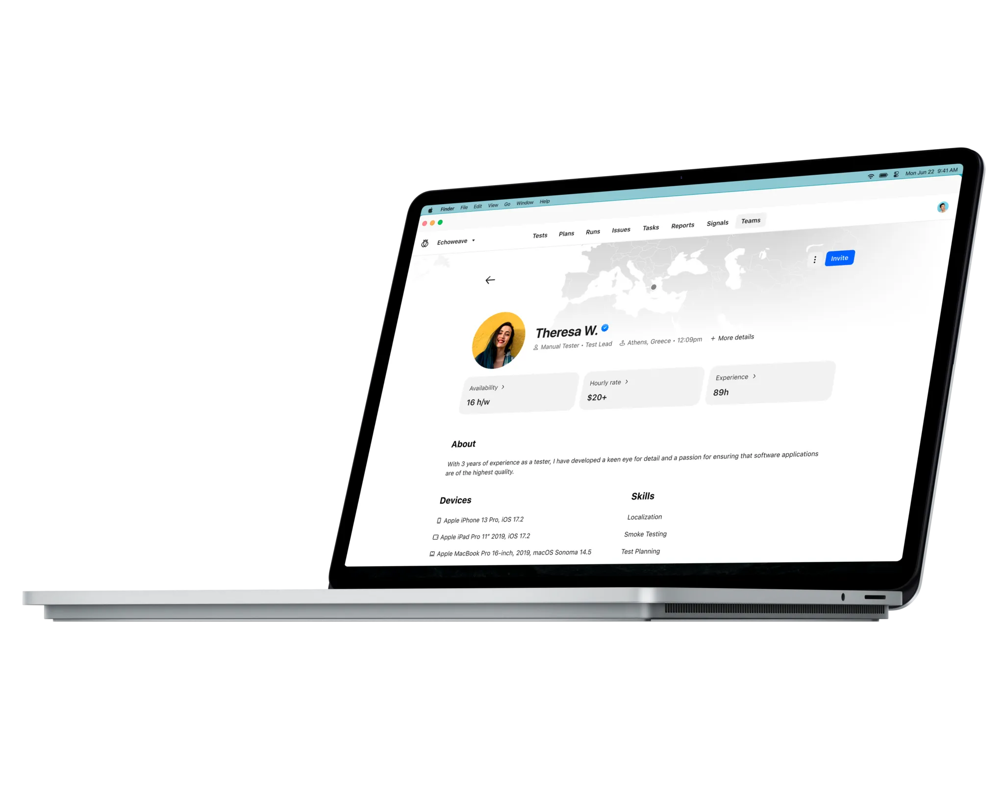 MacBook Pro laptop displaying a profile page for Theresa W., a manual tester and test lead from Athens, Greece, showing availability, hourly rate, experience, devices used, skills, and a photo.