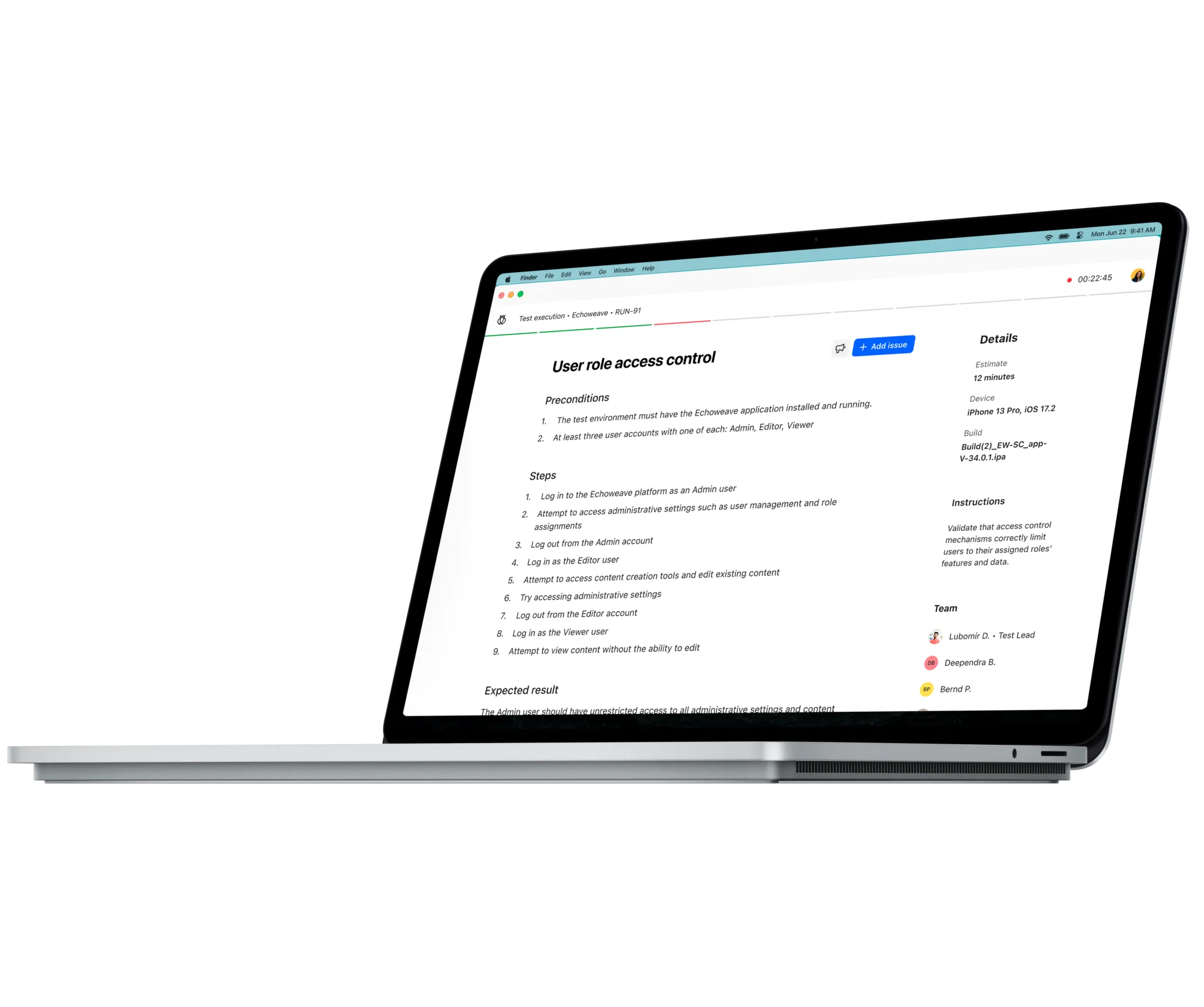 Side view of a silver MacBook showing a screen with a user role access control test execution document.