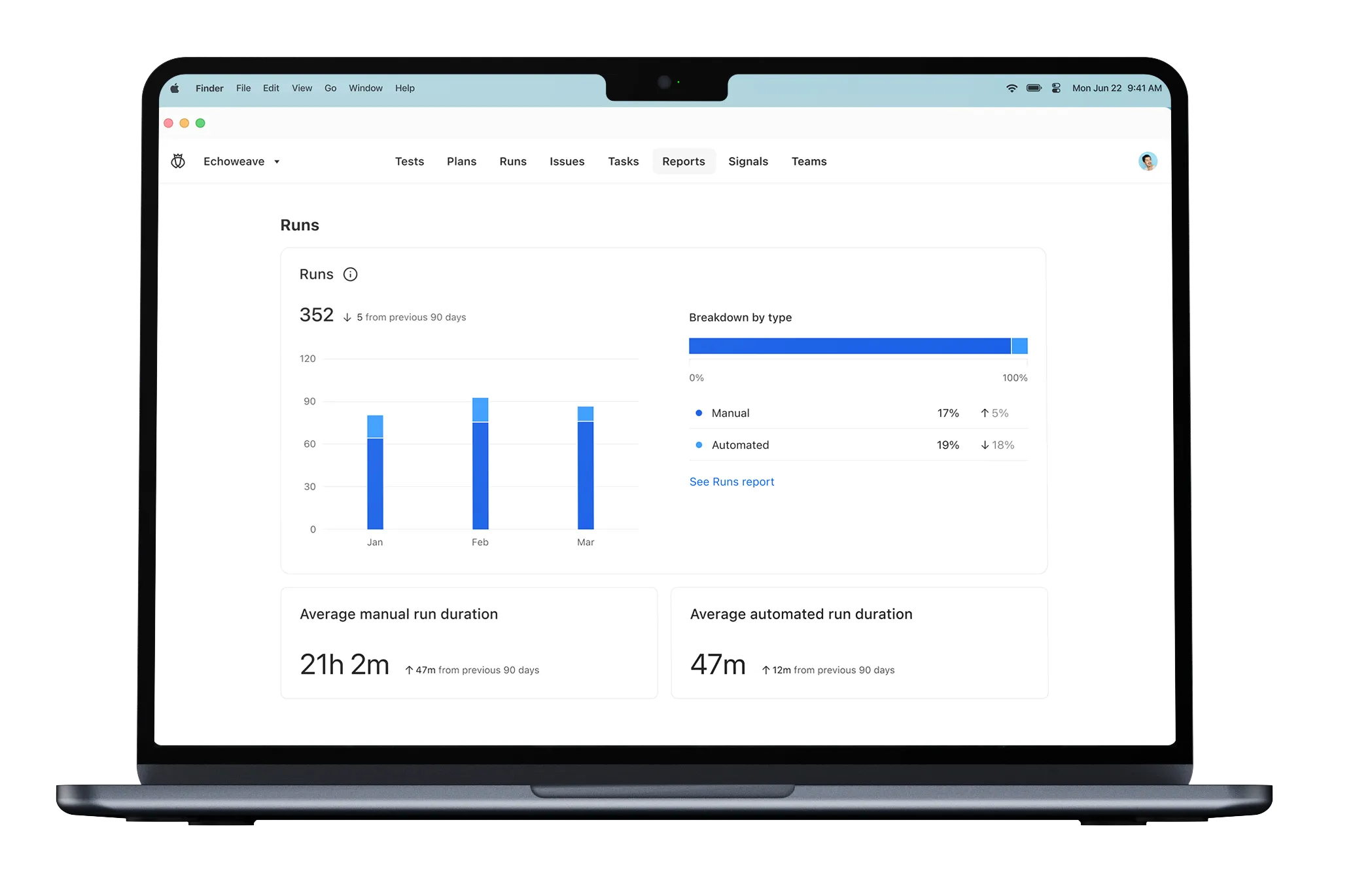 Laptop screen showing a dashboard with run statistics including total runs for three months, breakdown by type between manual and automated, and average run durations.