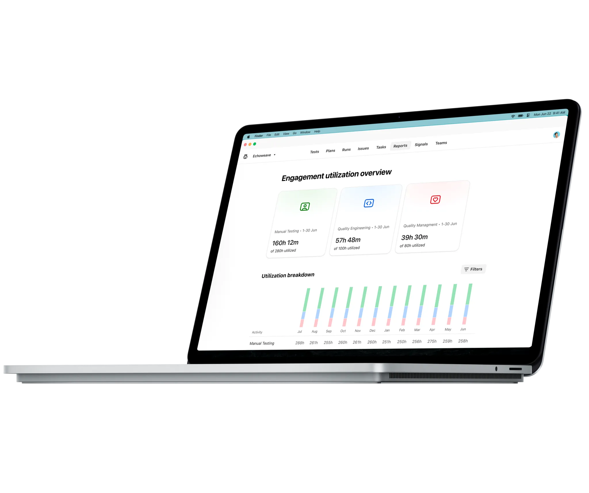 Open laptop displaying an engagement utilization overview dashboard with time metrics for manual testing, quality engineering, and quality management.