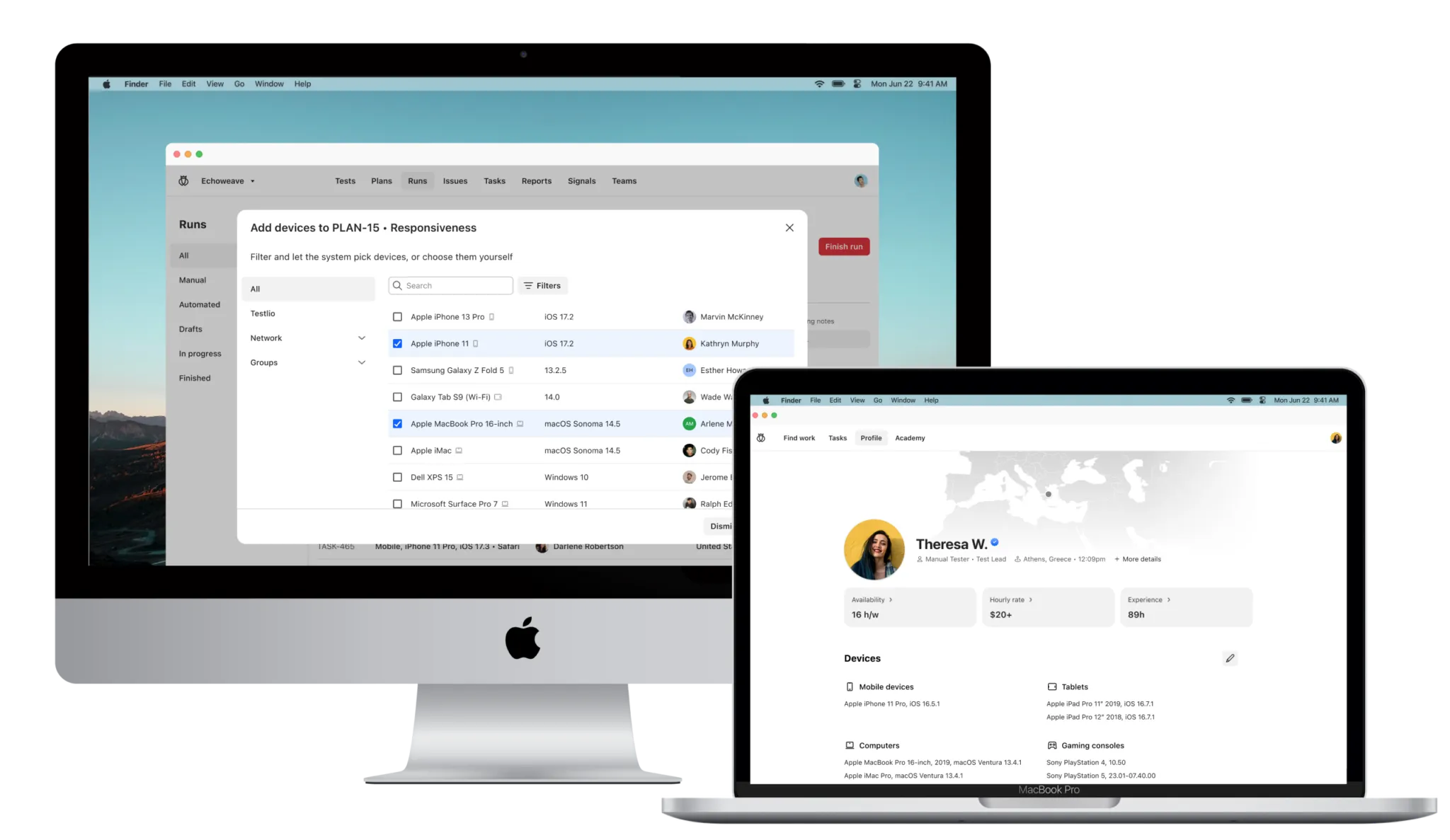 Apple iMac and MacBook Pro displaying device management software interface showing device selection and a user profile with device details.