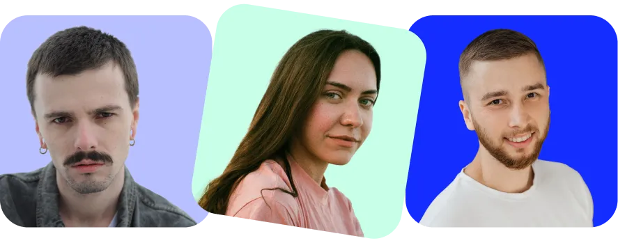 Portraits of three young adults: a man with short dark hair and earrings against a purple background, a woman with long brown hair wearing a pink top against a light green background, and a smiling man with short hair and beard in a white shirt against a blue background.