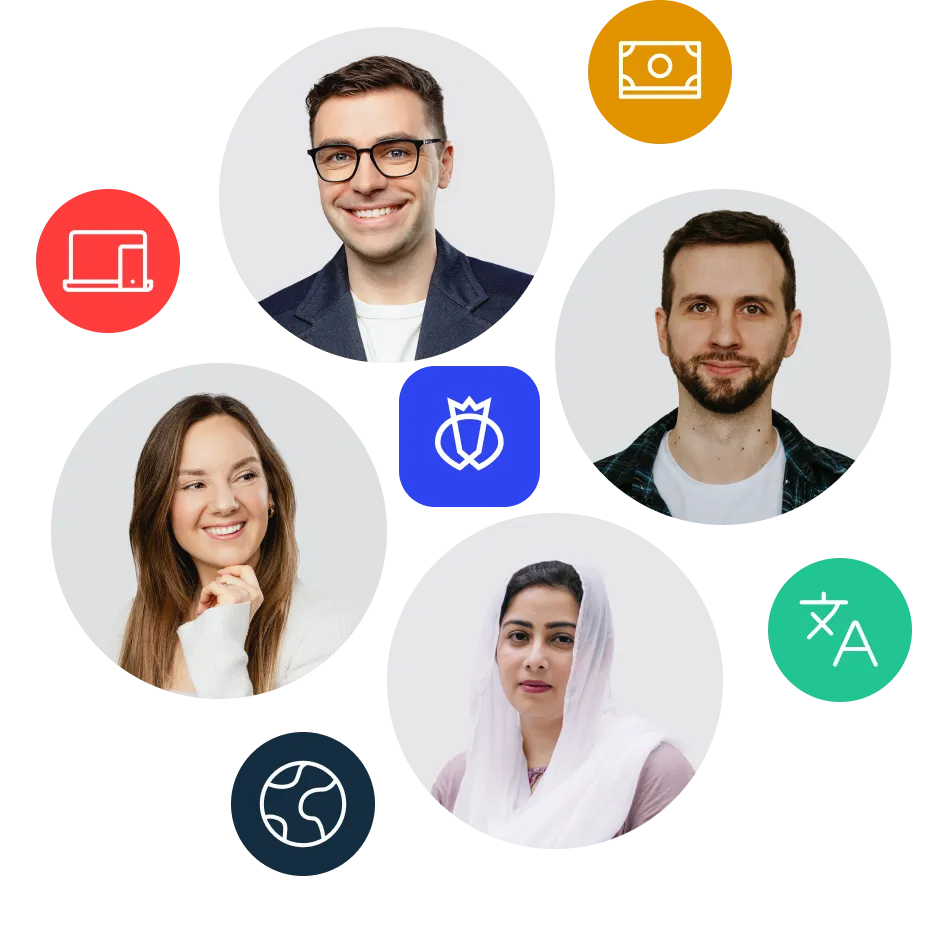 Portraits of four diverse smiling individuals surrounded by colorful icons representing technology, money, global connection, and language.