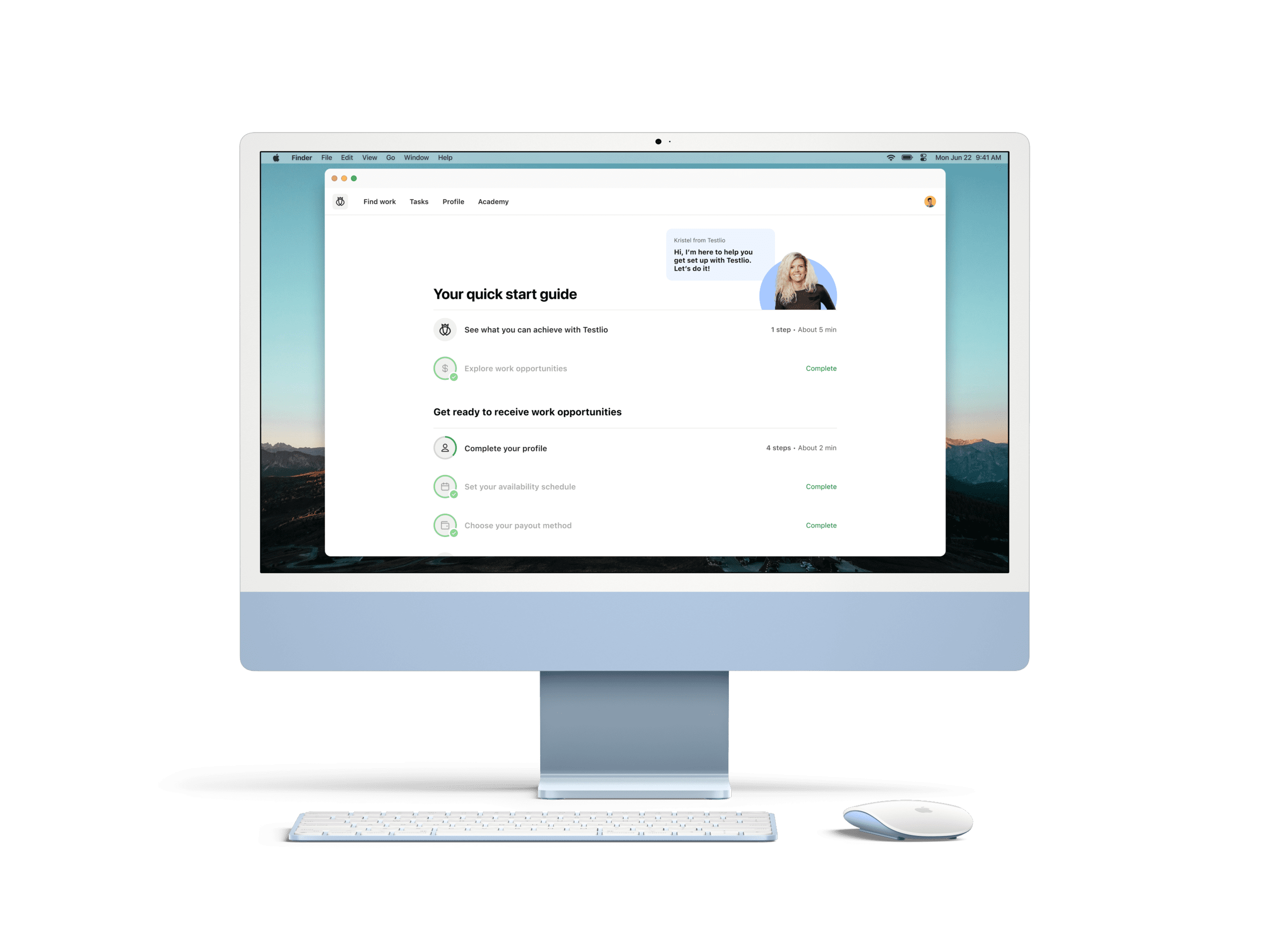 Apple iMac displaying a quick start guide for Testlio with steps to complete profile and set availability, keyboard and mouse below.