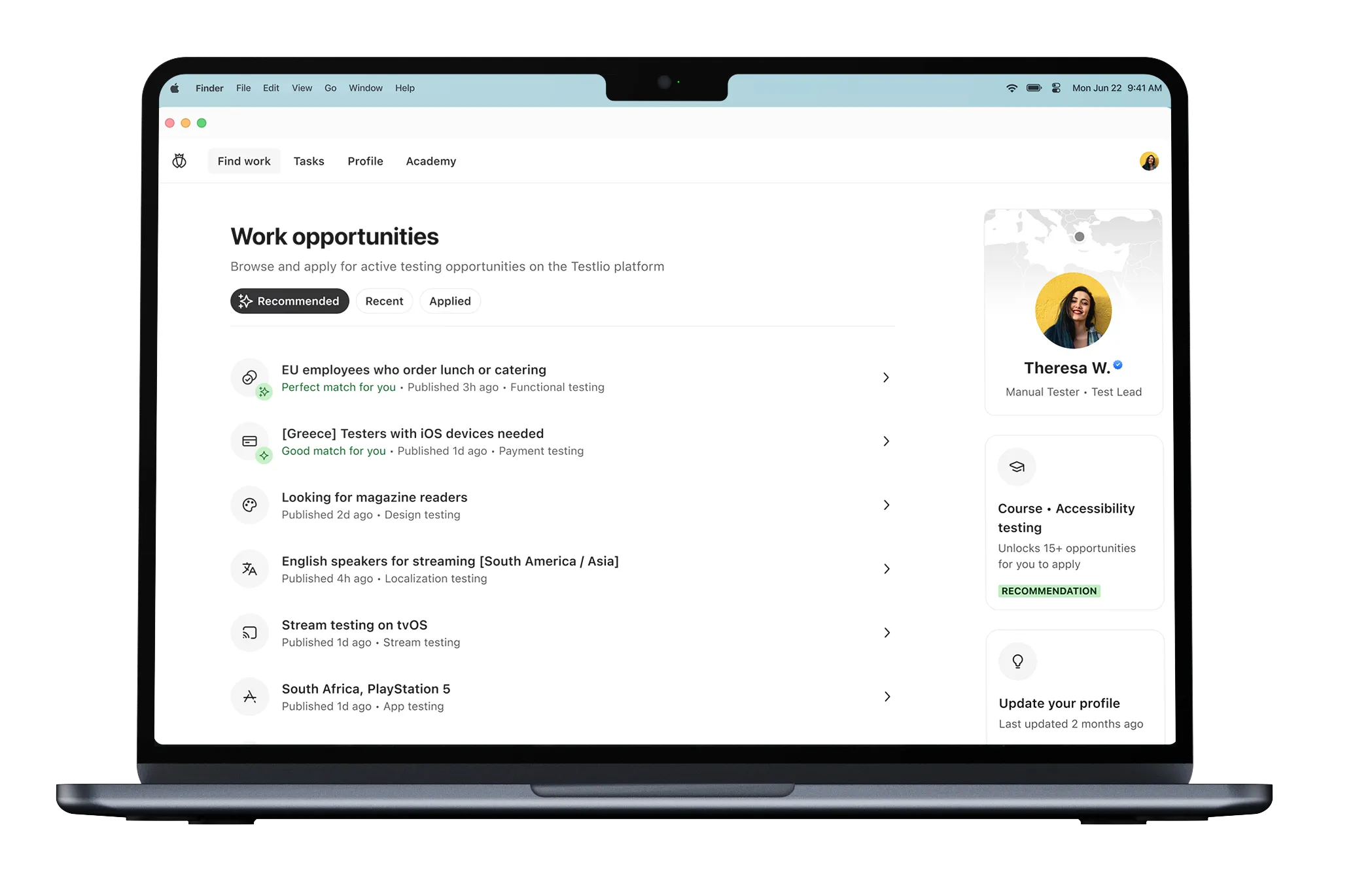 Laptop screen showing a job listing platform with work opportunities including testing roles and a profile sidebar for Theresa W., a manual tester and test lead.