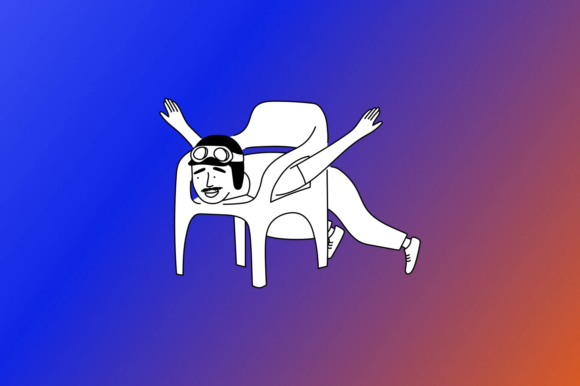 Illustration of a man wearing aviator goggles and helmet, flying horizontally through a plastic chair with arms outstretched.