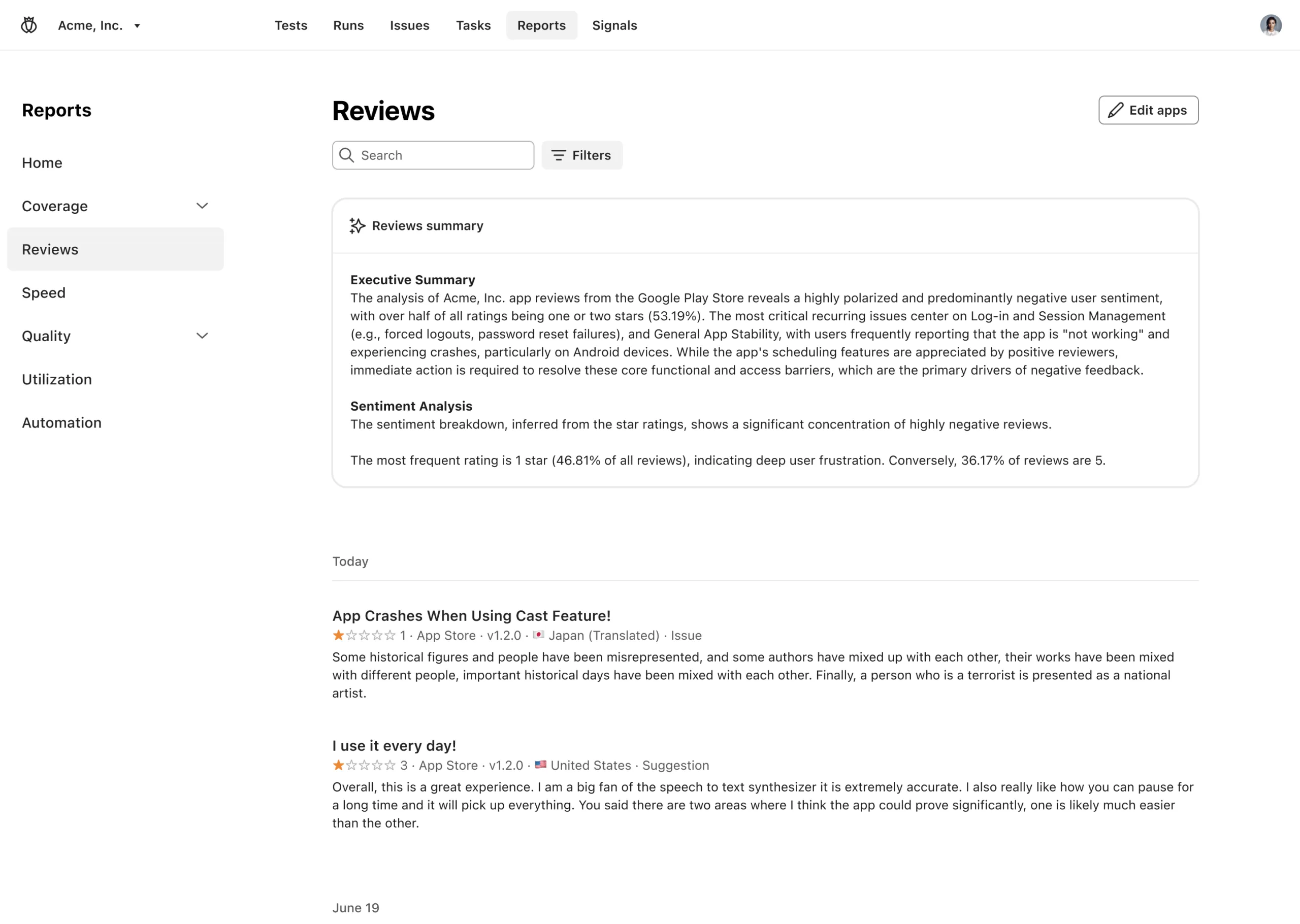 App reviews dashboard showing a summary of Acme, Inc. app sentiment with a majority of negative 1-star ratings and detailed user feedback reports.