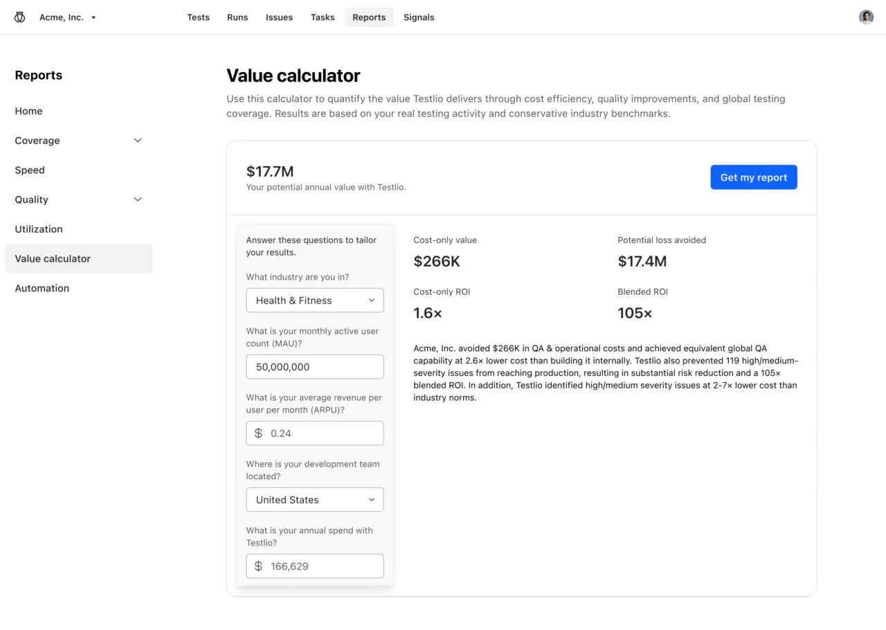 Interface of a value calculator from Acme, Inc. showing potential annual value $17.7M, cost-only value $266K, potential loss avoided $17.4M, and ROI metrics. The form includes inputs for industry type, monthly active users, average revenue per user, development team location, and annual spend with Testlio.