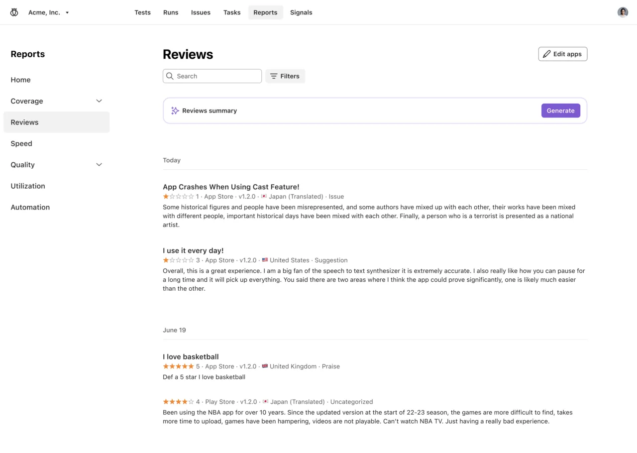 User interface of a reviews section in a report dashboard showing app reviews with ratings and comments from different countries including Japan, United States, and United Kingdom.