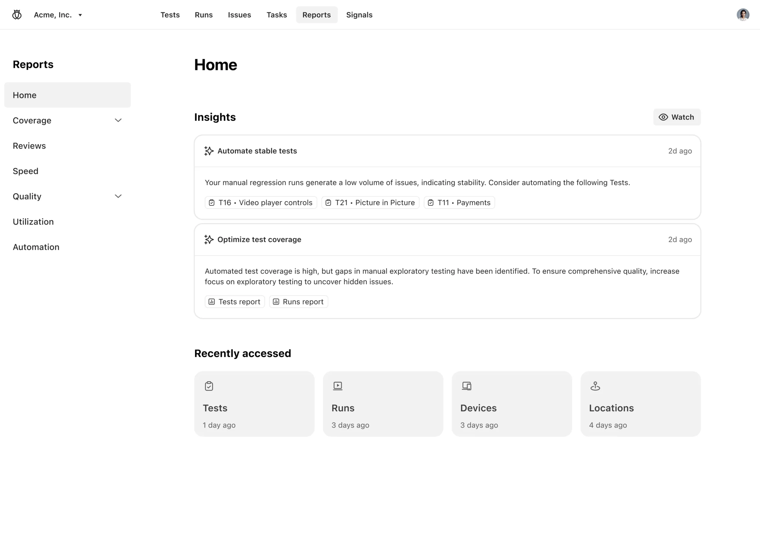 Dashboard for Acme, Inc. Reports home with insights to automate stable tests and optimize test coverage, plus recently accessed items: Tests, Runs, Devices, and Locations.