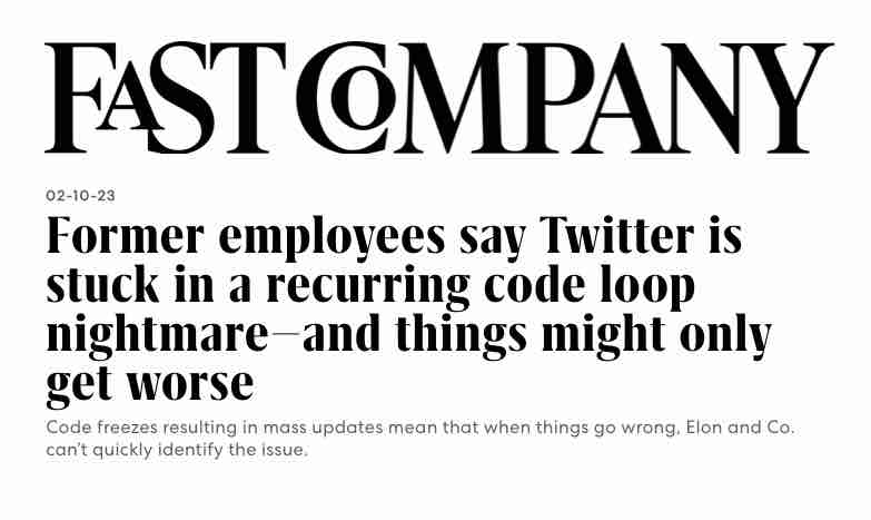 FastCompany article on Twitter code issues and fewer staff to conduct code testing. software testing team