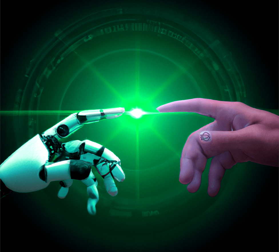 image that shows a robot hand touching a human hand to convey the concept of automated QA