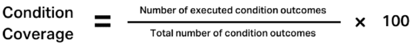Condition Coverage =Number of executed condition outcomes / Total number of condition outcomes x 100