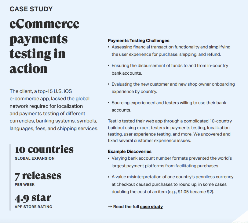 Photo with text that describes an ecommerce payments testing case study