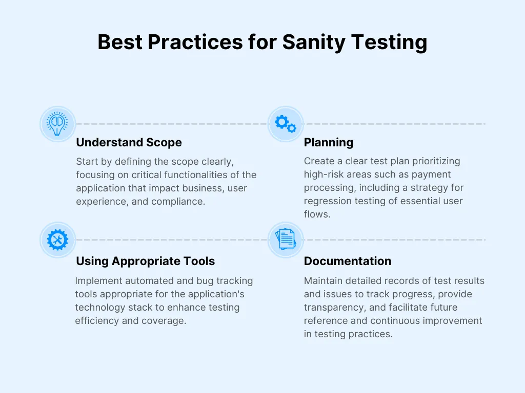 Understanding the ScopeSanity testing begins with a clear understanding of the scope. This involves identifying the critical functionalities of the application that need testing. For instance, in an e-commerce website, the checkout process could be a key functionality.It’s important to focus on these critical areas, considering factors like business impact, user experience, and regulatory compliance. However, it’s equally important to avoid scope creep and stick to the essential features to maintain efficiency.PlanningOnce the scope is defined, a clear sanity test plan should be crafted. This plan outlines the testing objectives, the functionalities to be tested, and the testing approach. It should be concise, focused on the main functionalities, and flexible enough to accommodate any changes in the application.The planning stage also involves prioritizing test cases based on risk, with high-risk areas such as payment processing or security features being tested first. Additionally, focus should be placed on regression testing of critical user flows or scenarios, which cover the most common interactions and are crucial for ensuring overall system stability.Using Appropriate ToolsAppropriate tools can improve the efficiency of sanity testing. Automated testing tools can execute repetitive tasks, freeing time for more complex tests. Bug tracking tools can manage and track any issues during testing, while test management tools can organize and manage the testing process.It’s important to choose automation tools that align with your application’s technology stack, such as Selenium, JUnit, or Cypress for web applications and Appium for mobile apps. Automated smoke tests that cover basic functionality can be created and run after each build to identify regressions quickly.DocumentationDocumentation plays a crucial role in sanity testing. It involves maintaining a test log or using a test management tool to record test results and documenting any minor issues found during the test.This helps track progress, ensure transparency, and provide a record of the testing for future reference or to understand the project's history.ConclusionBoth sanity and smoke testing serve unique purposes and are used at different stages of the process to ensure the quality and functionality of the software. While sanity testing is used to check specific functionalities after minor changes, smoke testing is performed to verify the basic functionality of the entire system after a new build or release.When it comes to ensuring the quality of your software, having a reliable partner can make all the difference. Testlio is a leading QA software testing company that can help you navigate the complexities of sanity and smoke testing. With their expertise, you can ensure that your software meets the highest quality and functionality standards.Best practices for sanity testing