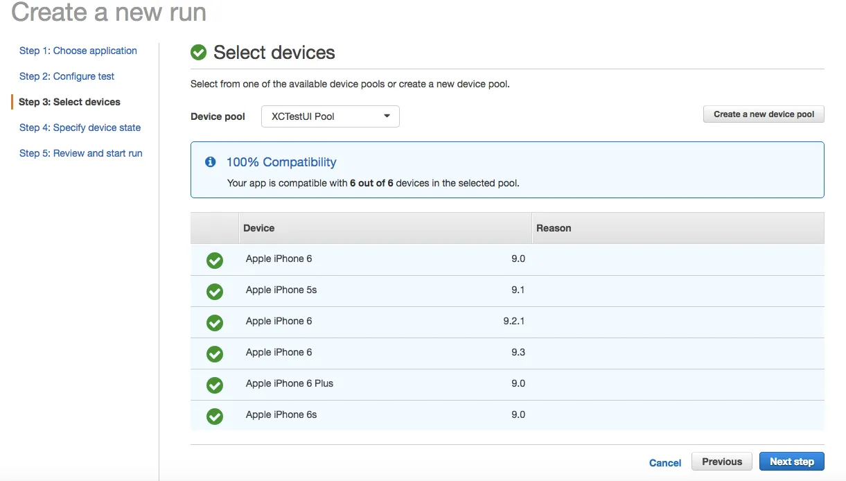 AWS device farm step where users select devices