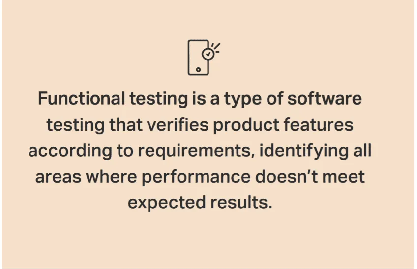 Definition of functional testing. Functional testing is a type of software that verifies product features according to requirements, identifying all areas where performance doesn't meet expected results.