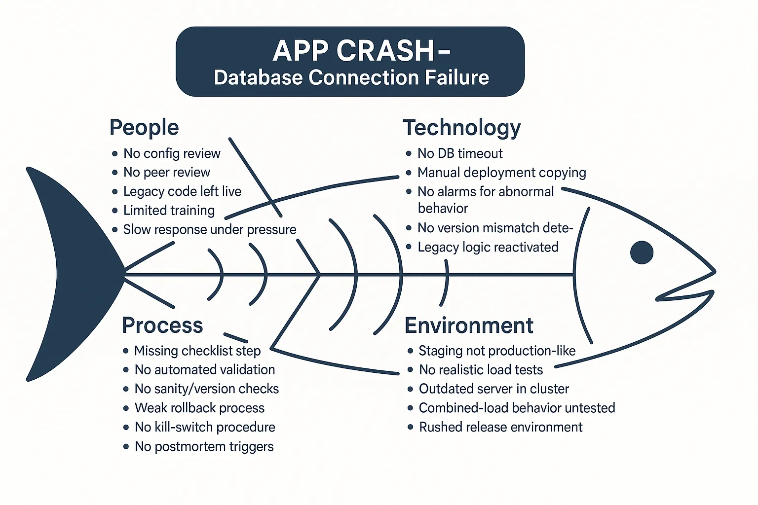 A Fishbone (Ishikawa) diagram mapping the central problem (the 'head') to four categories of contributing factors: People, Process, Technology, and Environment.
