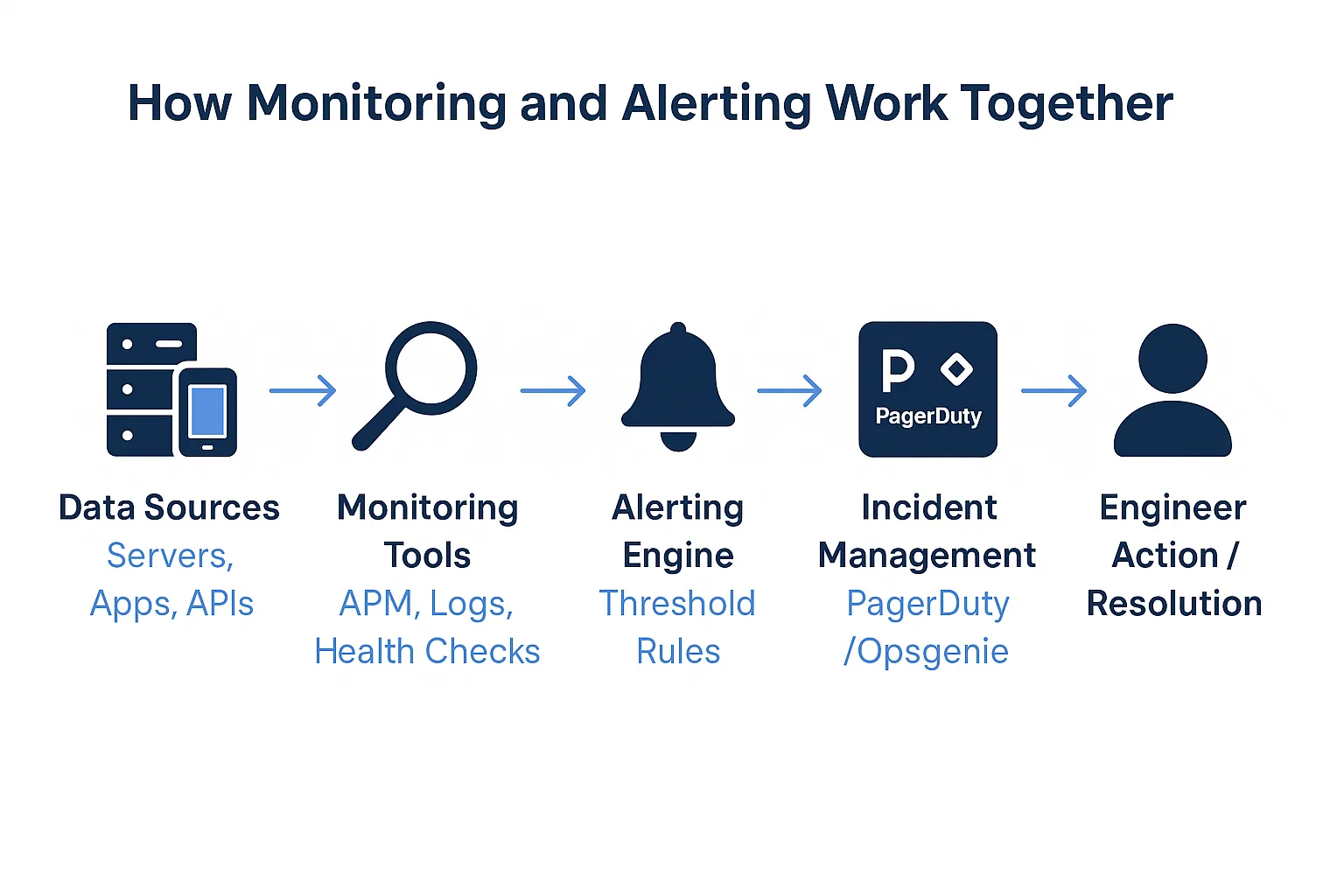 Illustration titled “How Monitoring and Alerting Work Together” showing a left-to-right flow: data sources (servers, apps, APIs) feed monitoring tools (APM, logs, health checks), which trigger an alerting engine based on threshold rules, then pass incidents to an incident-management platform (PagerDuty or Opsgenie), ending with an engineer taking action to resolve the issue.
