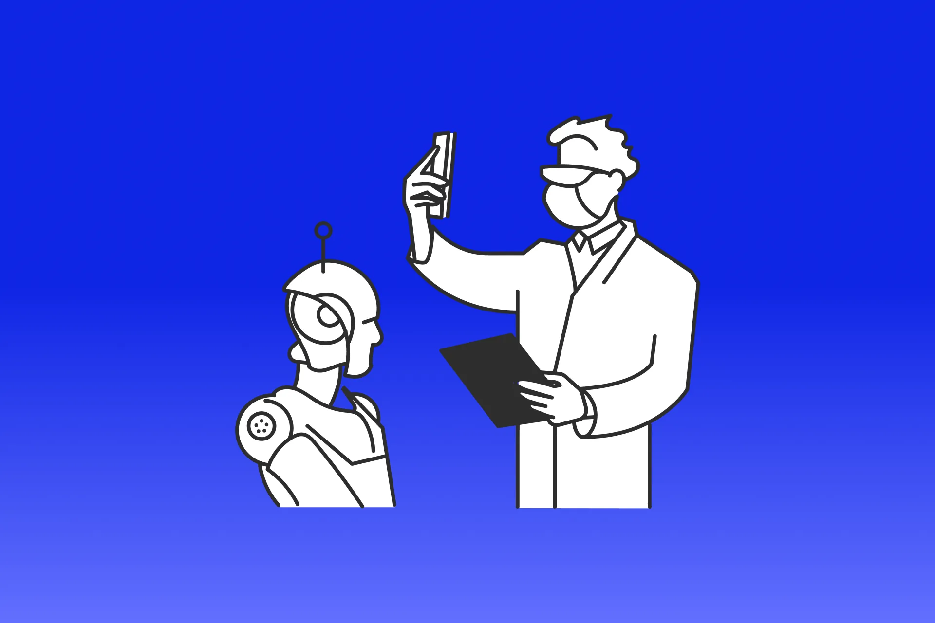 Illustration of a masked clinician holding a clipboard and smartphone while evaluating a humanoid robot, symbolizing human oversight, trust, and governance in AI systems.
