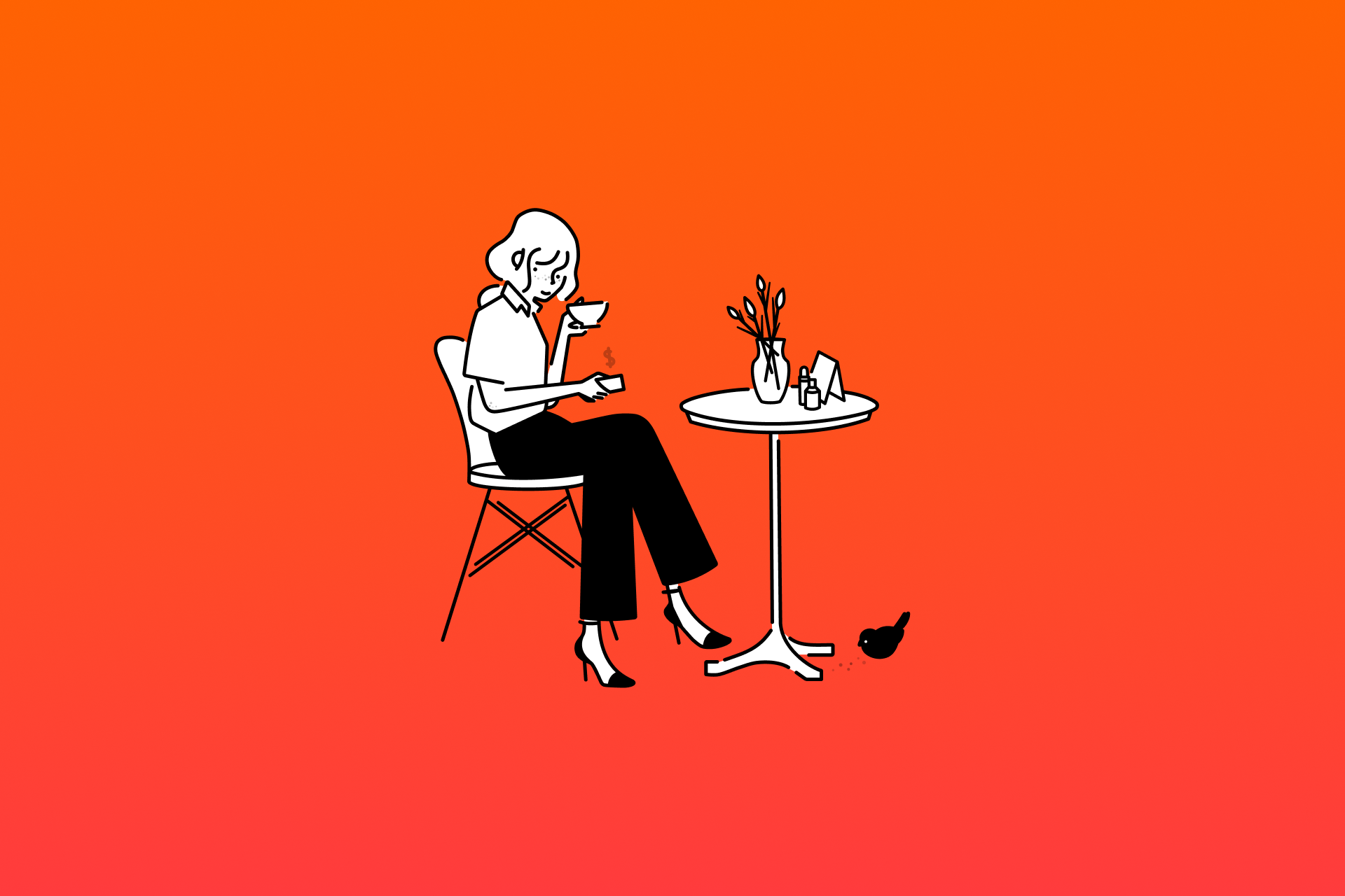 A minimalist line drawing of a woman sitting at a café table against an orange-red gradient background, holding a teacup and a smartphone with a dollar sign icon.