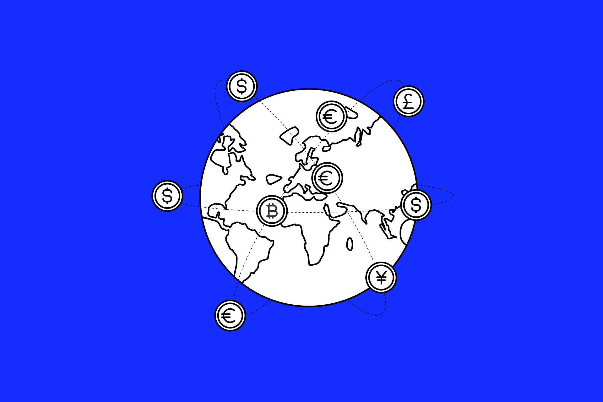 A minimalist line drawing of a globe against a solid blue background, with various currency icons and a Bitcoin symbol connected to different continents by dotted lines.