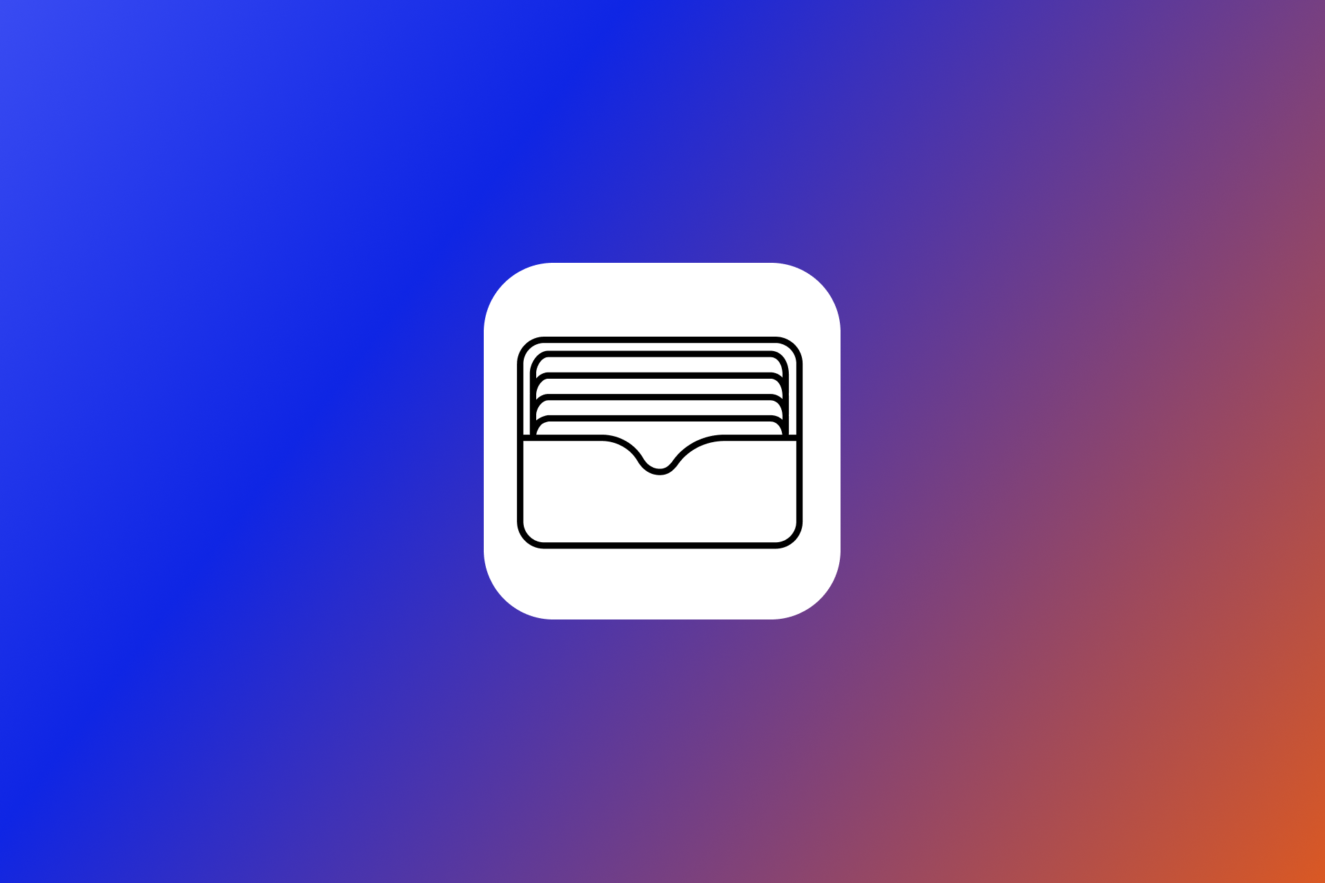  Gemini said A minimalist line drawing of a digital wallet icon containing several cards, centered on a white square against a blue and purple gradient background.