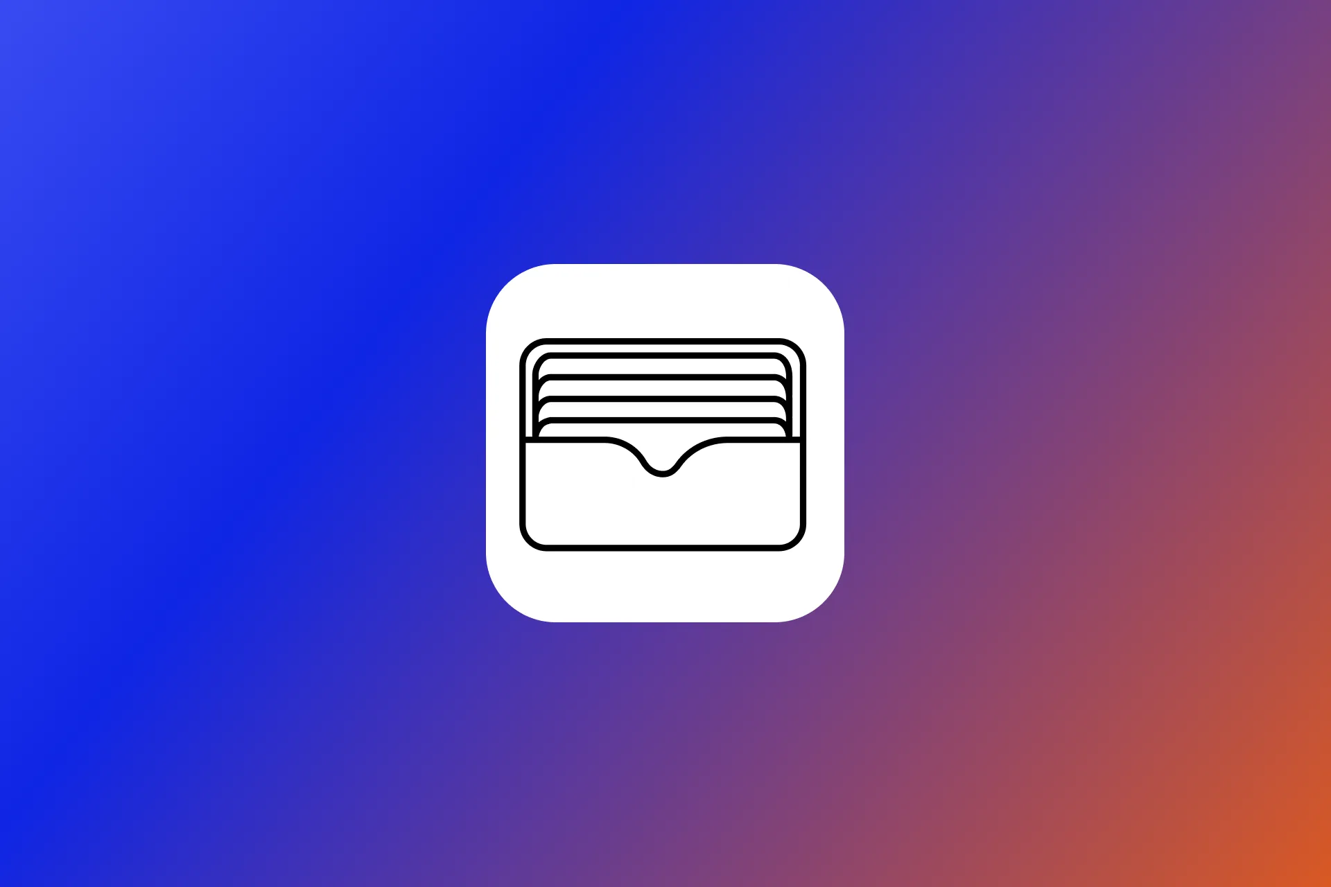  Gemini said A minimalist line drawing of a digital wallet icon containing several cards, centered on a white square against a blue and purple gradient background.