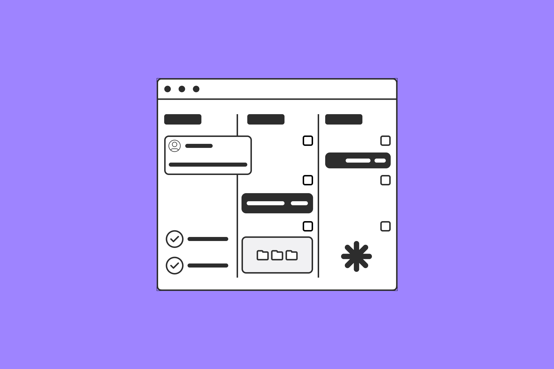 A minimalist line drawing of a project management dashboard with three columns, task cards, and checklist items, set against a solid purple background.