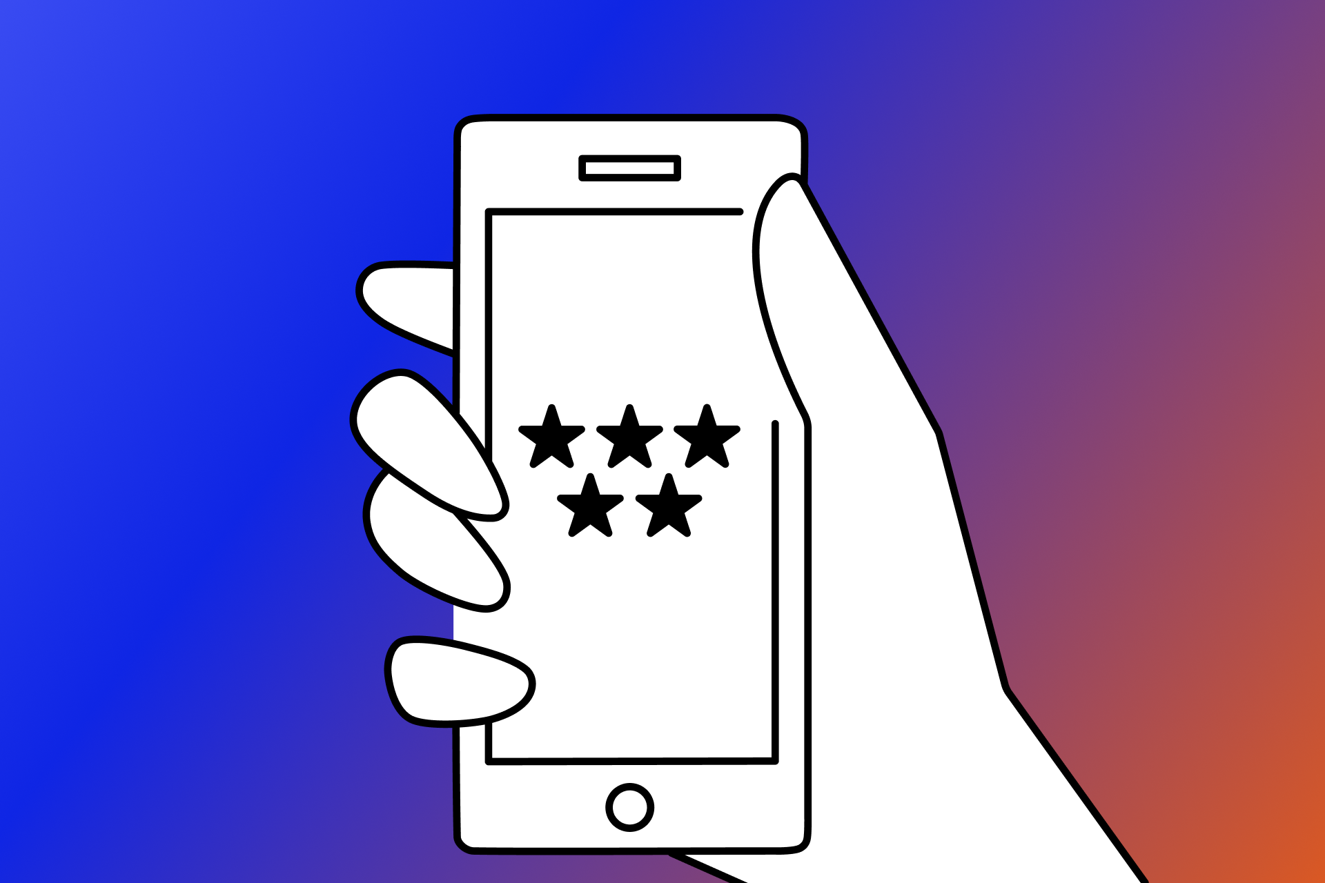 A minimalist line drawing of a hand holding a smartphone with five stars displayed on the screen, set against a blue-to-red gradient background.