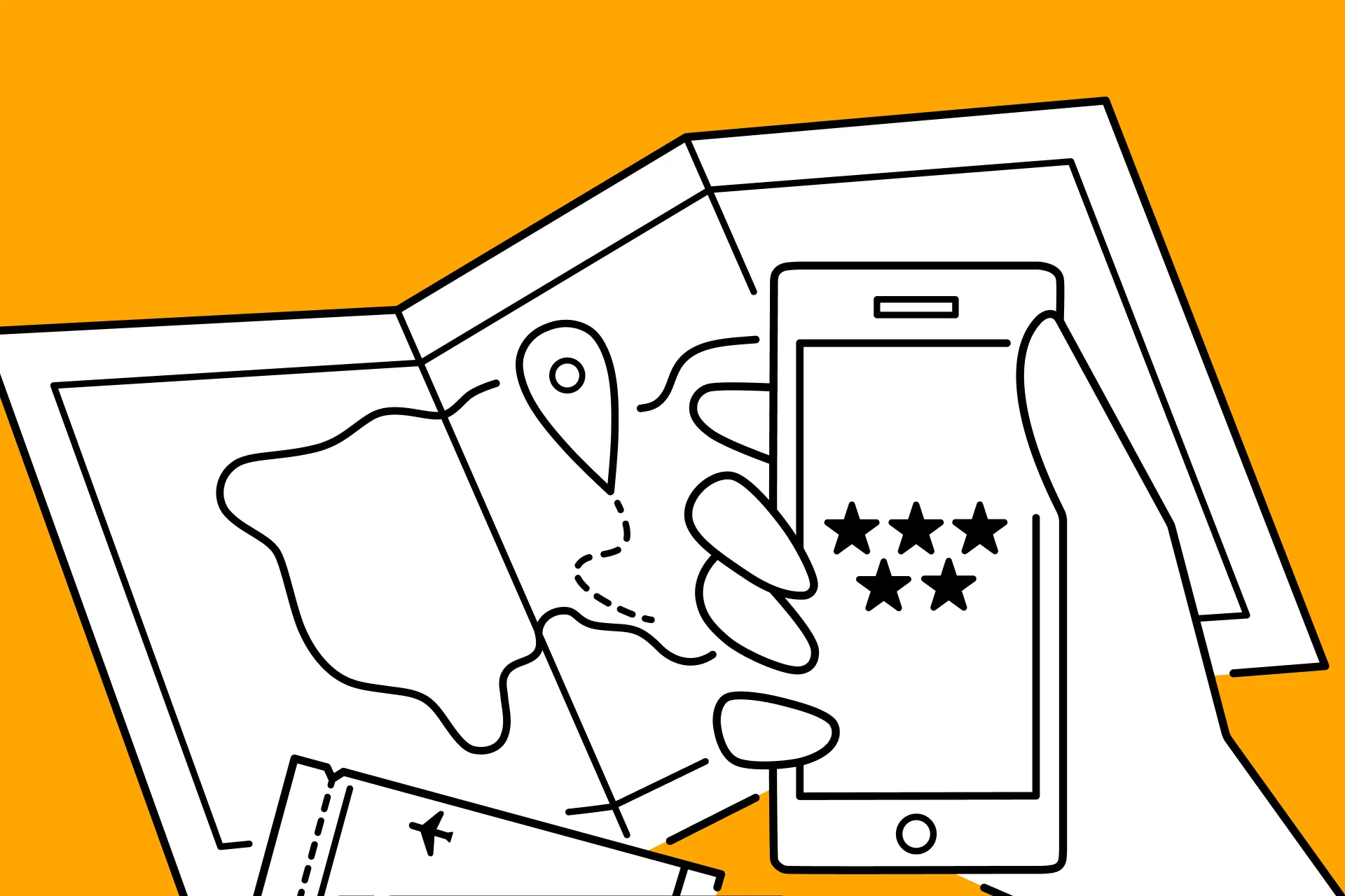 A minimalist line drawing of a hand holding a smartphone with five stars on the screen, positioned in front of a travel map and a boarding pass against a solid orange background.