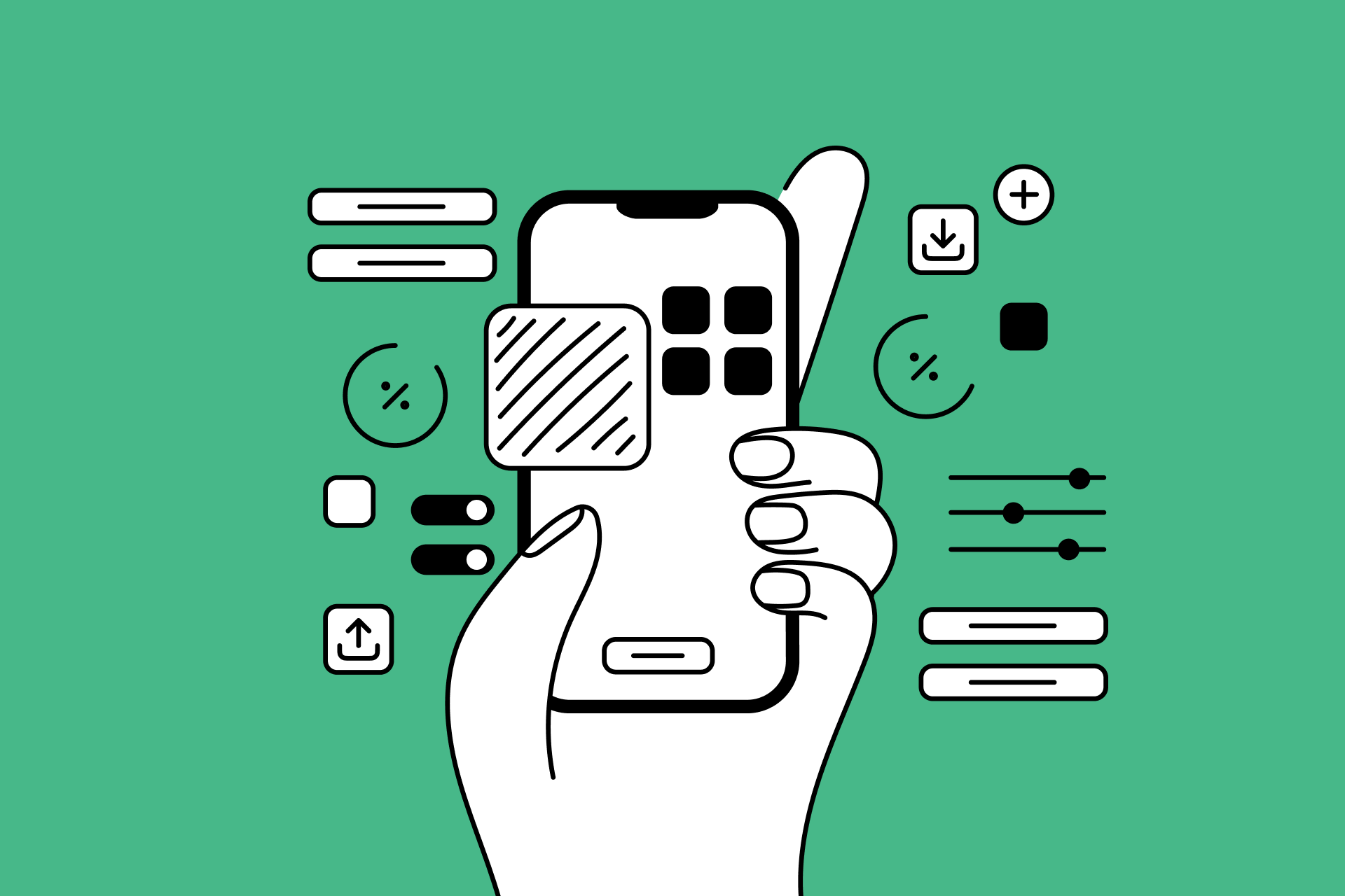 A minimalist line drawing of a hand holding a smartphone surrounded by various app UI elements, icons, and data symbols against a solid green background.