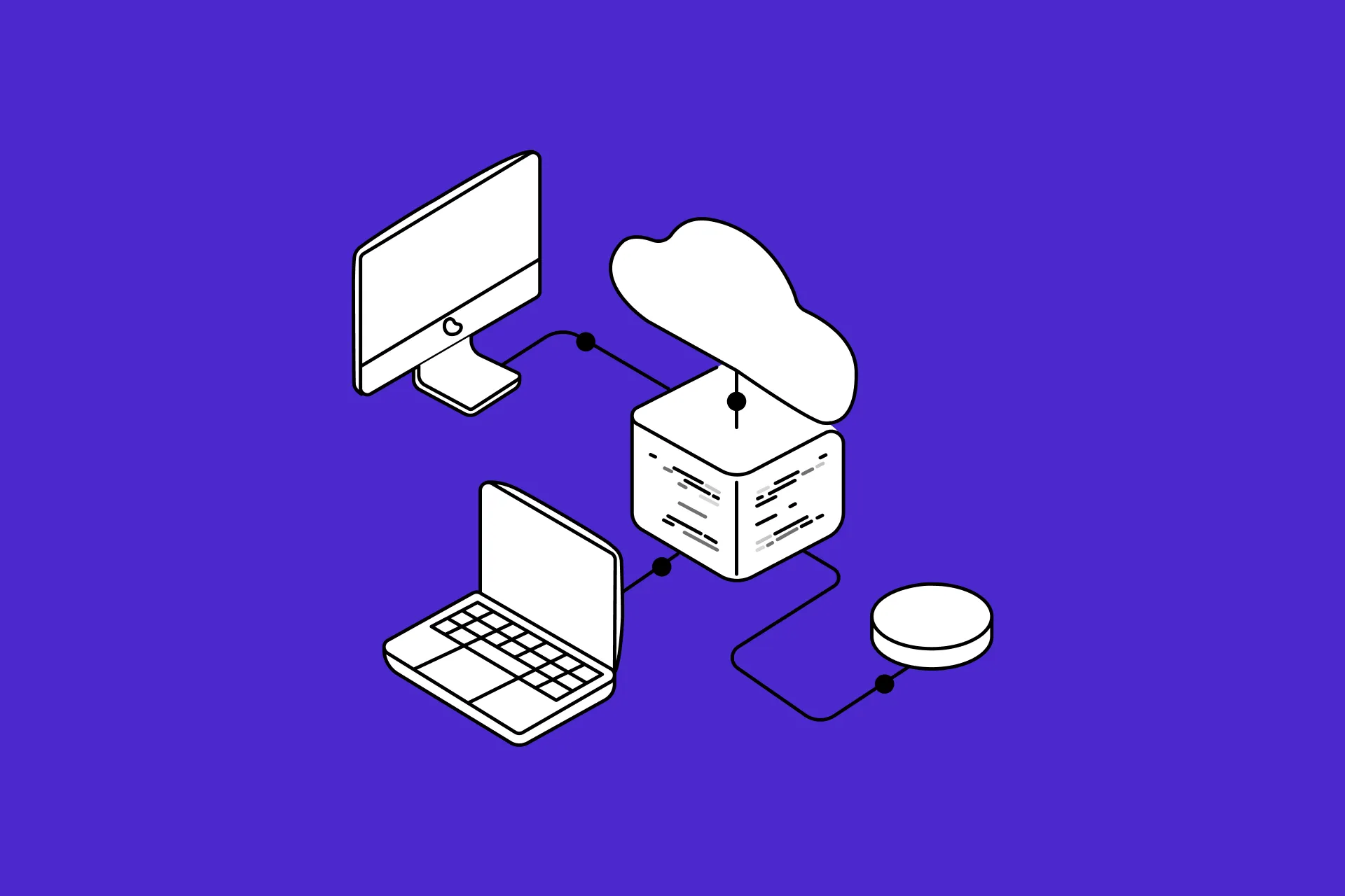 A minimalist isometric line drawing showing a desktop computer, a laptop, and a database connected to a cloud icon by solid lines against a solid purple background.